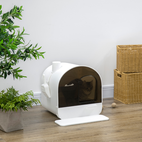Hooded Cat Litter Tray Kitten Toilet w/ Scoop, Filter, Flap Door 43 x 44 x 47cm