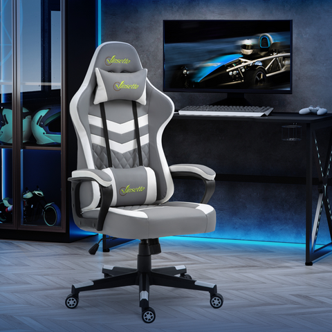 Gaming chair in a room with a computer setup and racing-themed decor.