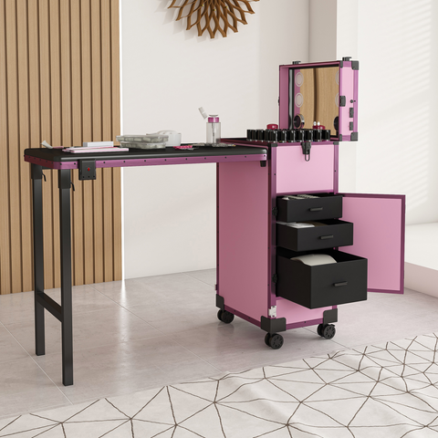 Portable Nail Art Table w/ LED Mirror, Bluetooth, Lockable Drawers, Telescopic Pole - Folding Manicure Station for Salons (Pink)