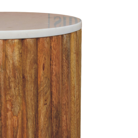 Artisan Furniture Solid Wood Fluted Marble Side Table, Brown & White