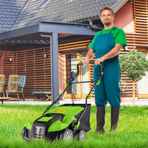 Corded Electric Lawn Dethatcher with 16-Inch Cutting Width, Wear-Resistant Wheels & Large Removable Grass Bag for Home Lawn - Green