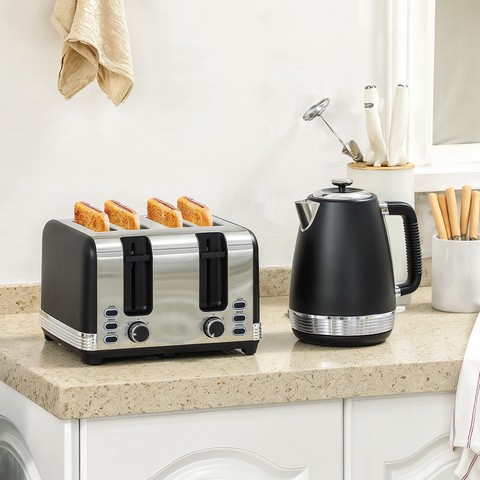 1.7L 3000W Quick Boil Kettle and 4 Slice Toaster Set Crumb Tray Black