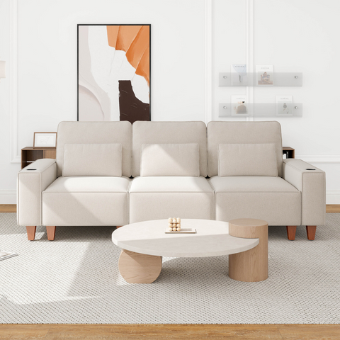 Chenille Deep Seat 3-Seater Sofa with Brushed Stainless Steel Cup Holders and 3 Decorative Pillows, Modern Comfortable Couch for Living Room