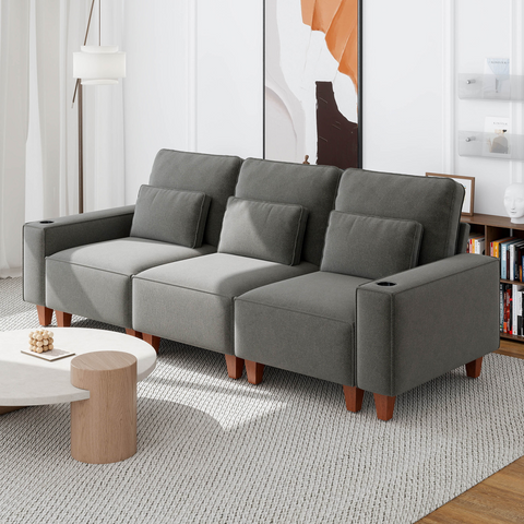 Chenille Deep Seat 3-Seater Sofa with Brushed Stainless Steel Cup Holders and 3 Decorative Pillows, Modern Comfortable Couch for Living Room
