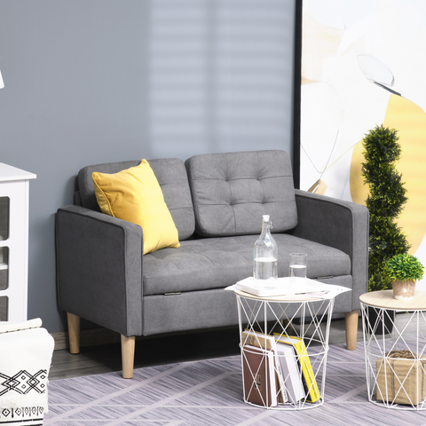 Compact Loveseat Sofa 2 Seater Sofa with Storage and Wood Legs Grey