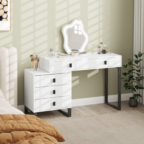 Dressing Table with LED Leaf Shape Mirror and 5 Drawers, White