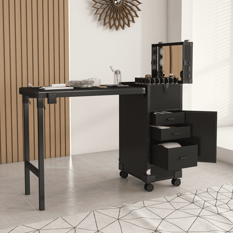 Portable Nail Art Table w/ LED Mirror, Bluetooth, Lockable Drawers, Telescopic Pole - Folding Manicure Station for Salons (Black)