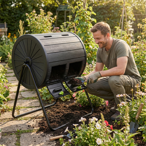 Dual Chamber Compost Tumbler 37.5Gal 360° Rotating Compost Bin with Stirring Blades for Garden-Black