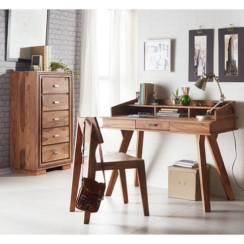 Wooden desk with chair in a home office setting