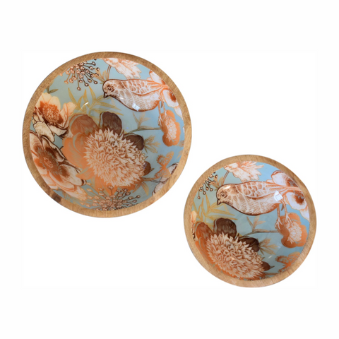 Artisan Furniture Solid Wood Floral Bird Bowl Set of 2, Beige