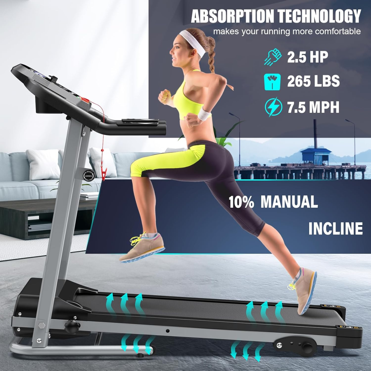 Woman running on a treadmill with absorption technology features displayed.