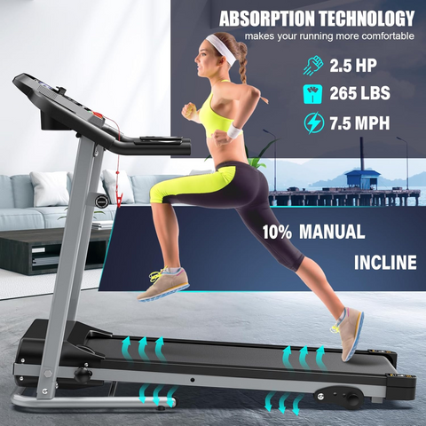 Woman running on a treadmill with absorption technology features displayed.