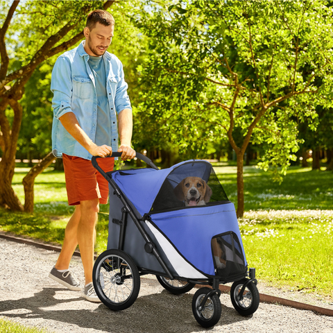 PawHut Foldable Pet Stroller with Cushion, for M, L Dogs - Blue