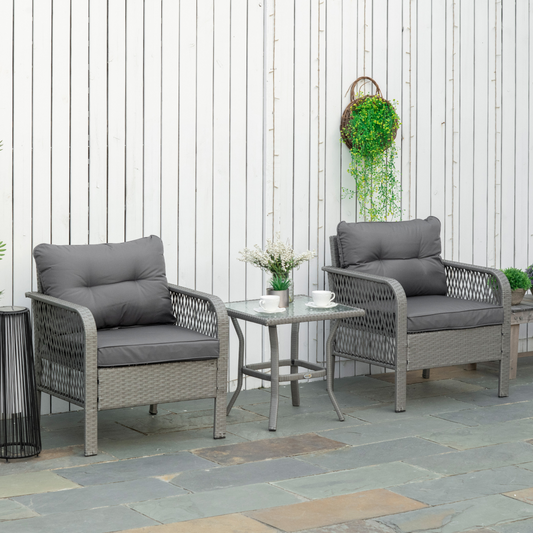 3 Pieces Patio PE Rattan Bistro Set w/ Armchairs Tempered Glass Table Outsunny