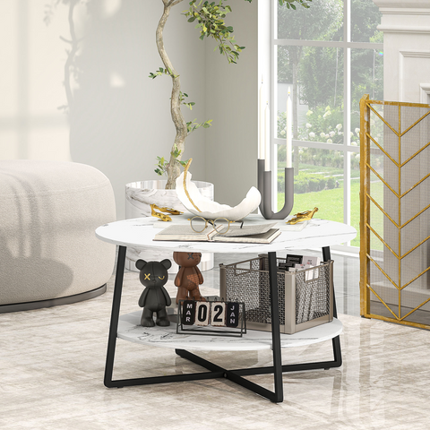 Round Coffee Table with Storage Shelf and Marble Effect Top, White