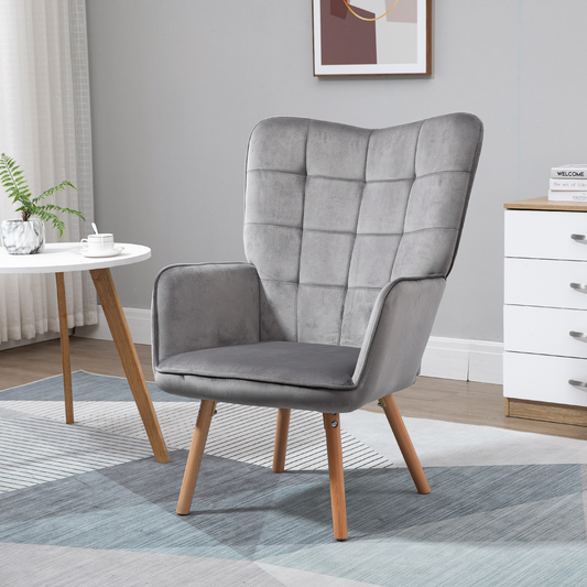 Modern Accent Chair Velvet-Touch Tufted Wingback Armchair Grey