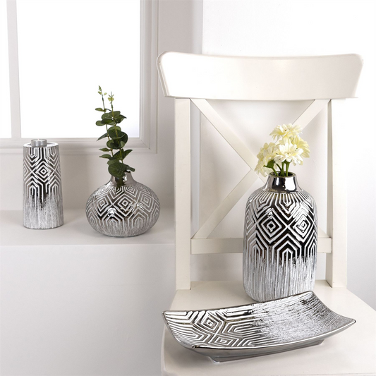 Silver & White Geometric Vase 24.5cm