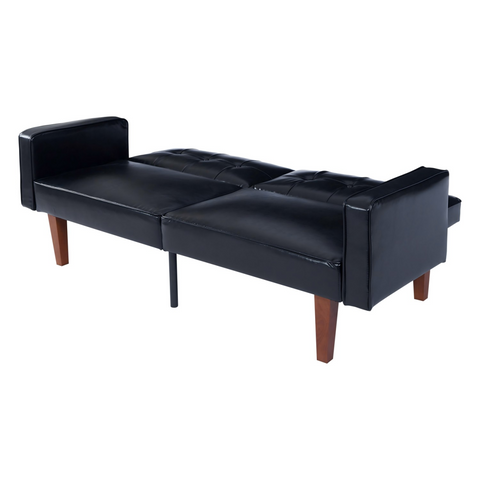 Modern PU Leather Futon Sofa with Tufted Backrest, Adjustable Reclining Couch with Wood & Metal Legs, Mid-Century Style Sofa for Living Room