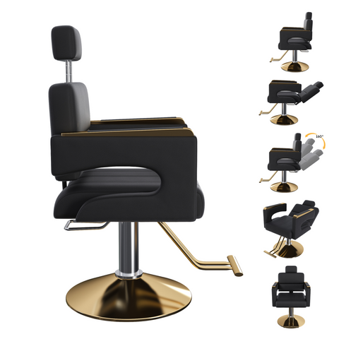 Black and gold barber chair with multiple angles shown on a white background