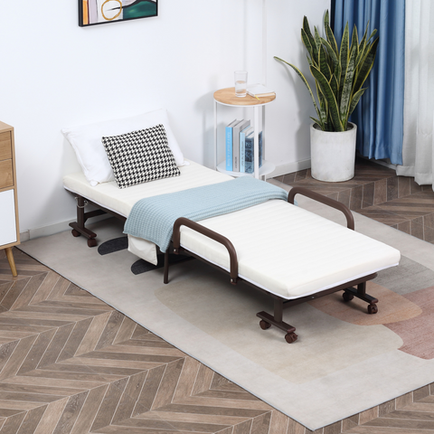 Foldable bed in a room with a plant and books on a small table.