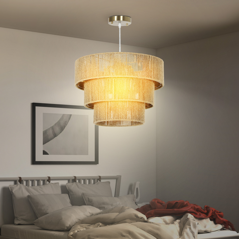 Boho Hemp Rope Pendant Light, Ceiling Light for Bedroom, Light Brown