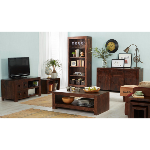 Wooden living room furniture set with TV stand, bookshelf, and coffee table.