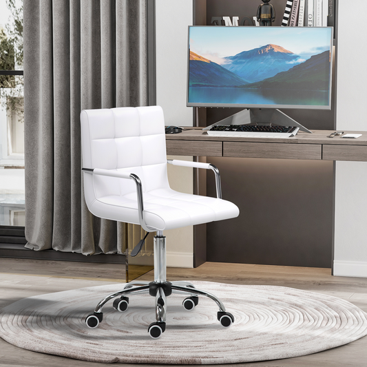 Mid Back PU Leather Home Office Chair Swivel Desk Chair with Arm, Wheel, White