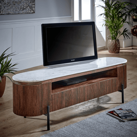 Opal Mango Wood Large Tv Stand With Marble Top & Metal Legs