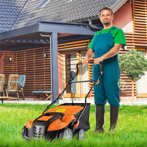 Corded Electric Lawn Dethatcher with 16-Inch Cutting Width, Wear-Resistant Wheels & Large Removable Grass Bag for Home Lawn - Orange