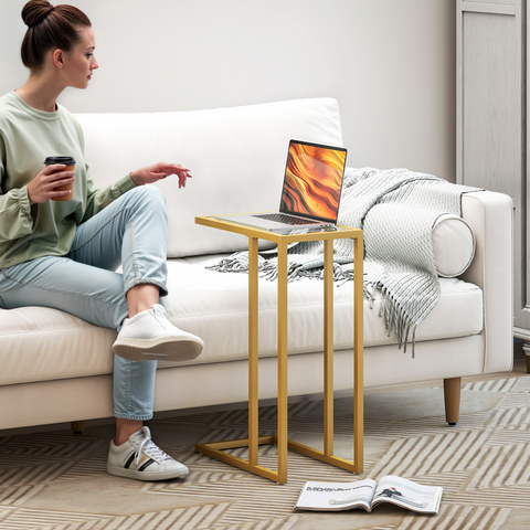 C-Shaped Side Table, End Table with Tempered Glass Tabletop, Gold