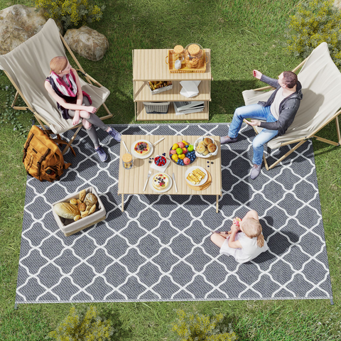 Reversible Outdoor Rug W/ Carry Bag for RV Camping Beach, 182 x 274 cm, Grey