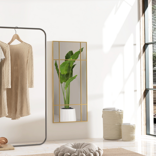 Window Style Vanity Mirror 110 x 50cm Hanging Wall Mirror Gold Tone