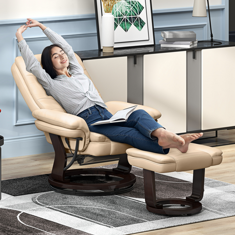 Swivel Manual Recliner and Footrest Set PU Leather Lounge Chair Beige