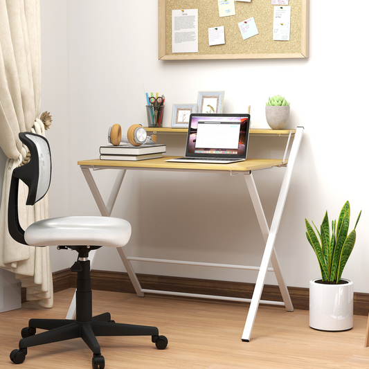 Folding Desk with 2-Tier Shelf for Home Office, Maple Wood-effect