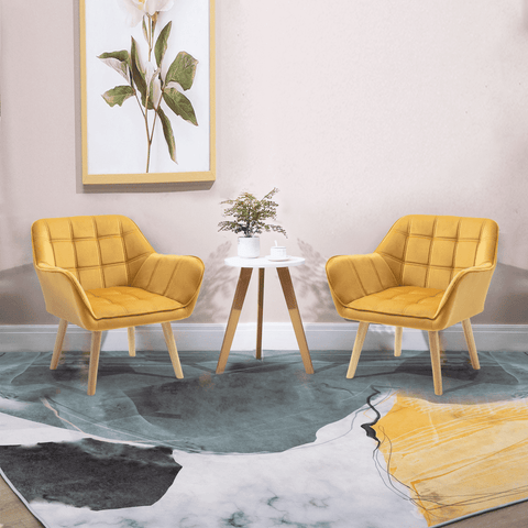 Luxe Velvet-Feel Accent Chair w/ Wide Arms Slanted Back Padding Wood Legs Yellow