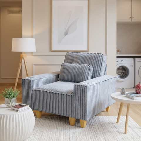 Deep Seat Corduroy Armchair with Brushed Stainless Steel Cup Holder and Decorative Pillow, Cozy Accent Chair for Living Room