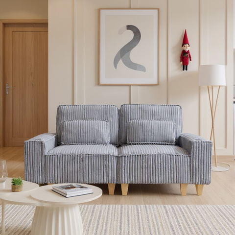 Deep Seat Corduroy Loveseat with Brushed Stainless Steel Cup Holders and 2 Decorative Pillows, Cozy 2-Seater Sofa for Living Room