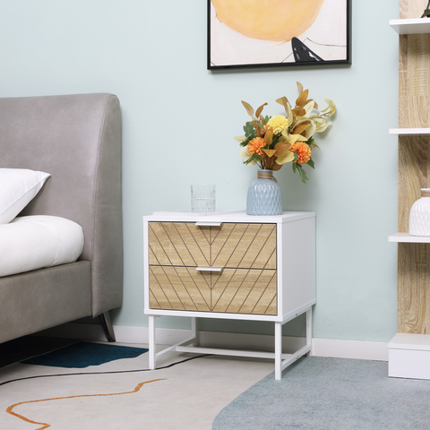 Modern Bedside Table with 2 Drawers, Sofa Side Table for Bedroom, White and Oak