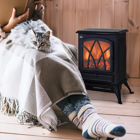 Free Standing Fireplace Fan-1850W Flame Effect, Electric Log Burning Stove -Black