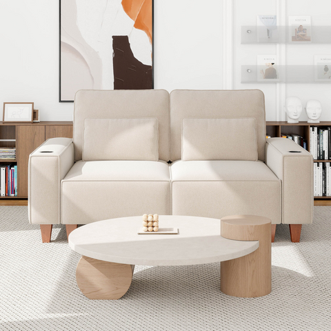 Chenille Deep Seat 2-Seater Sofa with Brushed Stainless Steel Cup Holders and 2 Decorative Pillows, Modern Cozy Loveseat for Living Room