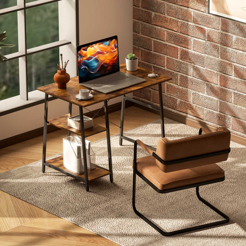 Computer Table Wor Desk with Shelves & Steel Frame, Rustic Brown
