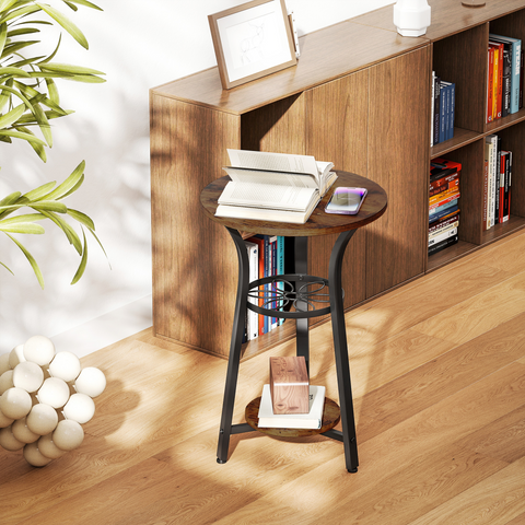 3-Tier Small End Table Industrial 38 cm Round Side Table Rustic Brown