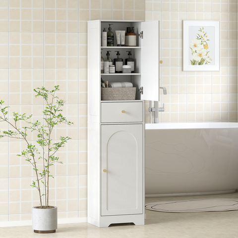 Tall Bathroom Storage Cabinet with Arch Doors Adjustable Shelf White