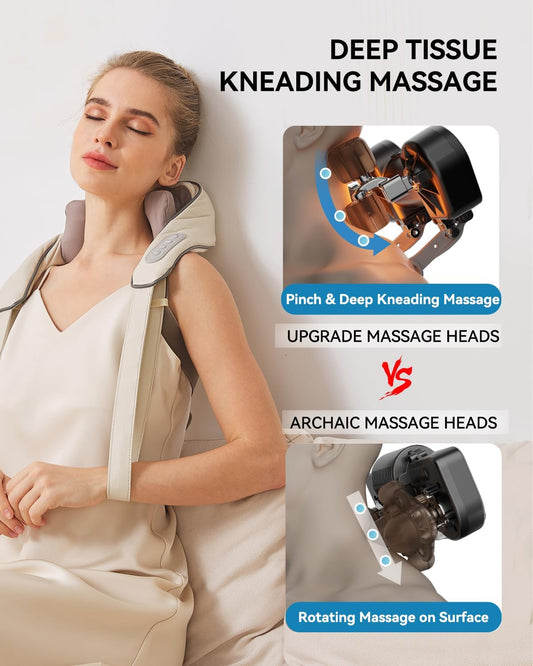 PERLEVI Neck and Shoulder Massager for Pain Relief Deep Tissue-Shiatsu Deep Kneading Massager with Heat to Relieve Neck Shoulder Back Waist Leg Muscle Soreness Fatigue (Beige)
