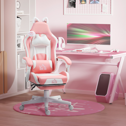 Gaming Chair with Footrest, Reclining Computer Chair, Pink