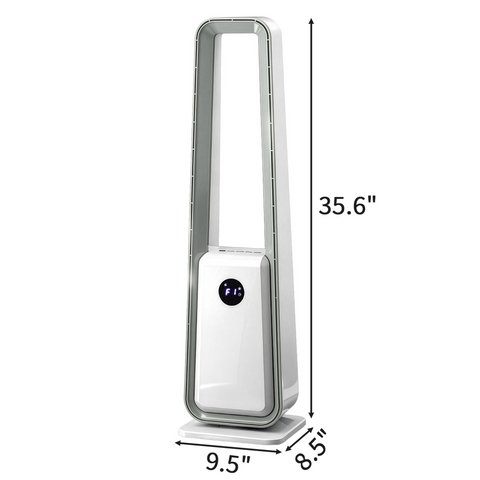 US Standard HTY2204 bladeless fan 110V 36W 35-inch bladeless fan with LED electronic display, black-edged remote control, plastic, aluminum motor, white, 3-speed wind, 12-hour timer, 3 modes, left-right oscillation, air purification, trapezoid