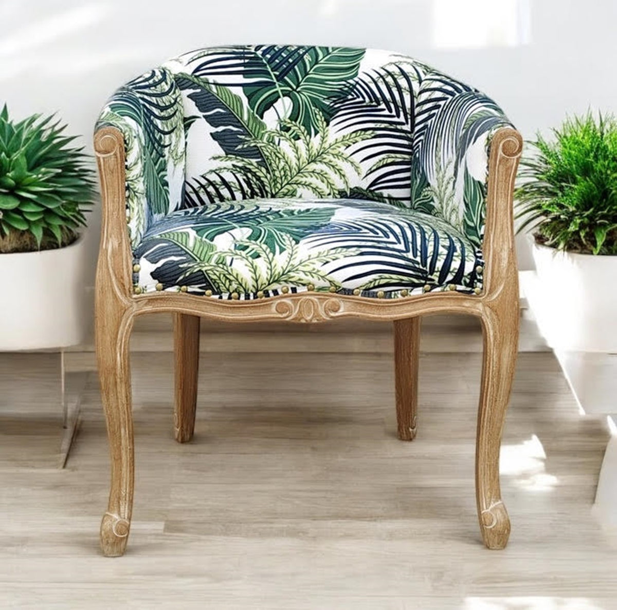 Palm Leaf or Cream Linen Tub Chair – Modern Accent Armchair with Beech Wood Frame, Mid-Century Barrel Design, Comfortable & Stylish Seating for Living Room, Office, or Hallway Décor (Green)