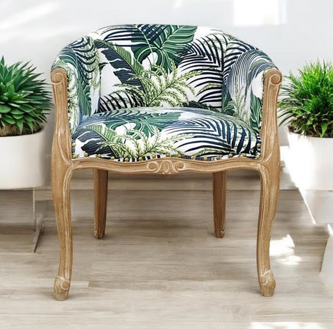 Palm Leaf or Cream Linen Tub Chair – Modern Accent Armchair with Beech Wood Frame, Mid-Century Barrel Design, Comfortable & Stylish Seating for Living Room, Office, or Hallway Décor (Green)