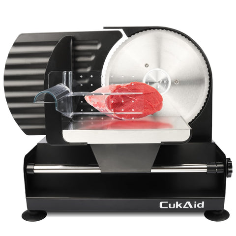 CukAid meat slicer with a piece of meat being sliced on a white background