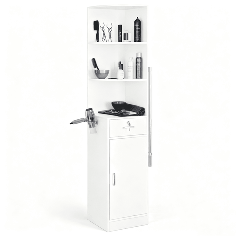 3-Tier Corner Salon Cabinet with 1 Door & 1 Drawer, 15mm E0 Grade Particleboard Matt White, 75.2" H Multipurpose Storage Cabinet for Beauty Salon Spa Bathroom Bedroom
